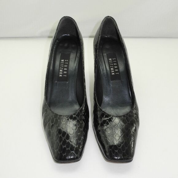 Stuart Weitzman Black Embossed Reptile Patent Leather Pumps-Women's 8.5 Narrow - Picture 3 of 7